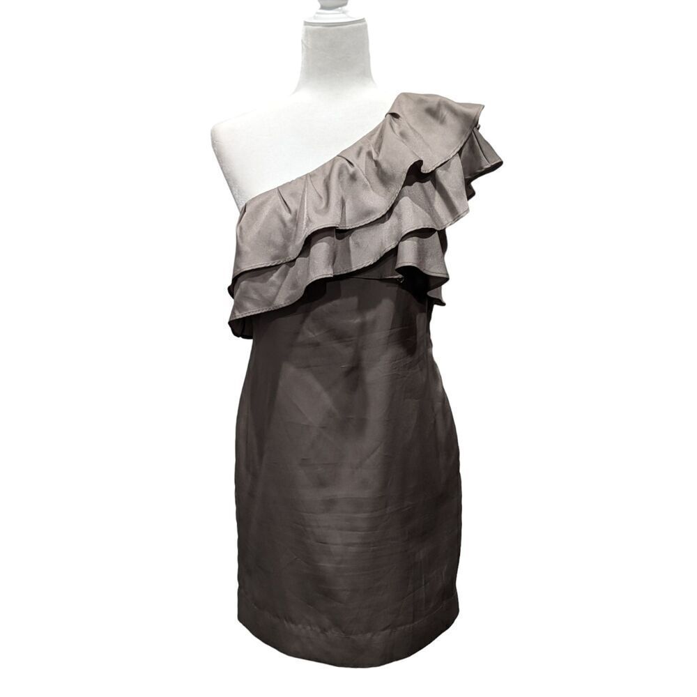 Apostrophe Taupe Sateen One Shoulder Double Ruffle Party Mini Dress, 6